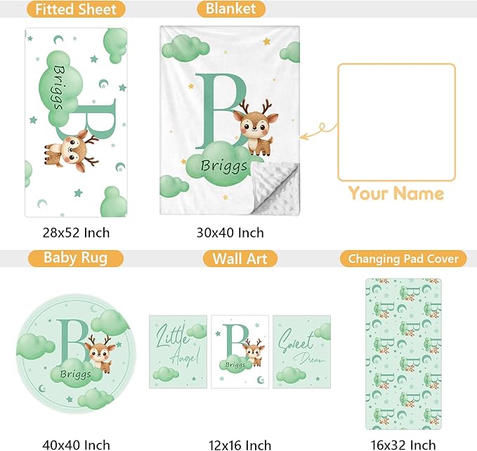 Personalized Crib Bedding Set, 5 Pcs Custom Nursery Bedding Sets with Name, Infant Bedding Set for Baby Girl Boy, Green Deer Double Layer Baby Crib Set, Toddlers Babies Kids Customized Gifts