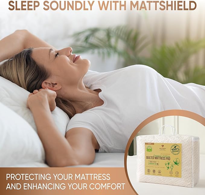 Luxury Quilted Organic Cotton Mattress Protector Twin - 380 GSM Waterproof & Breathable Pad - Deep Pocket Fitted Cover - Soft & Silent Protection