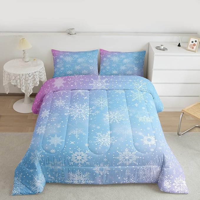 Feelyou Christmas Comforter Set All Season Winter Snowflake Bedding Set with 2 Pillow Cases Blue Purple Gradient Microfiber Kids Queen Bedclothes Bedroom Decor Duvet Quilt Breathable Soft Lightweight