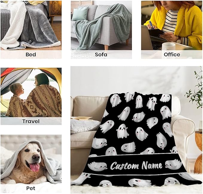 Custom Halloween Blanket | Personalized Ghost Blanket for Boys Girls | Plush Cozy Custom Name Blanket | Halloween Decor Personalized Gifts Name Blanket | 50"x60"-Teens/Travel Size