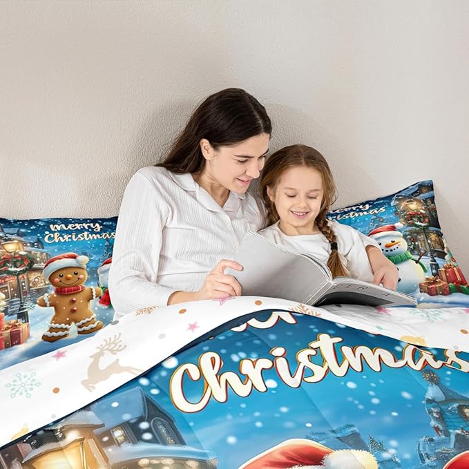 Gingerbread Man Comforter Set Full Size,Cute Snowman Merry Christmas Kids Bedding Set,Snowflake Winter Xmas Poinsettia Quilt Comforter,Blue Brown Duvet Insert,2 Pillowcases