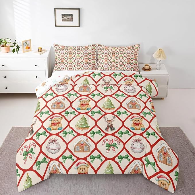 Merry Christmas Comforter Set Full Size,Kawaii Bowknot Cartoon Xmas Bear Kids Bedding Set,Pine Tree Geometric Lattice Quilt Comforter,Beige Red Green Duvet Insert,2 Pillowcases