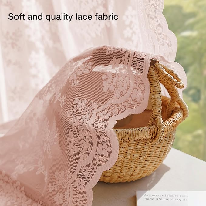 Anmao Vintage Lace Curtains 96 Inches Long 2 Panels Set, Romantic Elegant Light Filtering Semi Sheer Floral Thick Lacy Curtain Drapes for Living Room and Bedroom, Each Panel 55W x 96L, Blush Pink