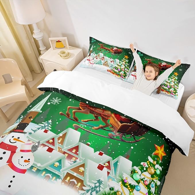 Manfei Christmas Duvet Cover Set Twin Size, Snowman Xmas Tree Comforter Cover with 1 Pillowcase, Santa Claus with Deer Bedding Set for Kids Boys Girls New Year Theme Bedspread Cover, No Comforter