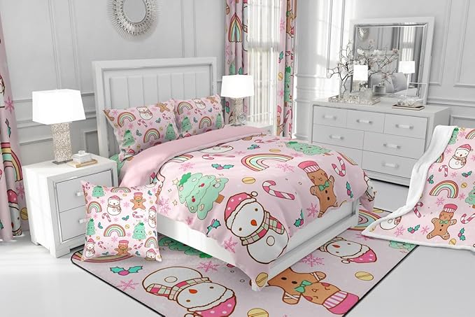 Feelyou Christmas Kids Comforter Set Toddler Size Merry Christmas Tree and Snowman Bedding Set Gingerbread Man Duvet Quilt for Kids Boys Girls Bedroom Rainbow Print Decor Snowflake Soft Breathable