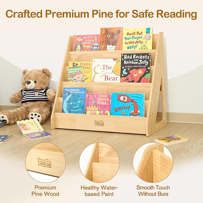 FUNLIO Solid Wood Montessori Classroom Bookshelf, 5 Tier Front-Facing Book Shelf for Kids, Toddler Bookshelf with Handle and Back Storage Space, Bookcase for Nursery/Playroom