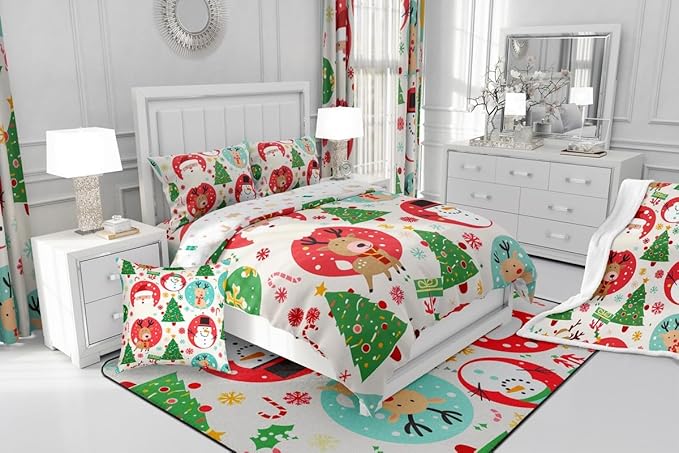 Feelyou Christmas Bedding Set Soft for Boys Girls, Santa Snowman Comforter Set Full Size Deer Xmas Tree Duvet Quilt Microfiber Snowflake Bedroom Decor 3 Pcs with 2 Pillow Cases