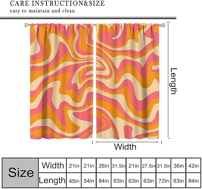 Abstract Wavy Swirl Curtains,60s 70s Groovy Aesthetic Retro Boho Orange Pink Abstract Curtains for Girls Bedroom Living Room Window 42"" W X 54"" L, Style-2
