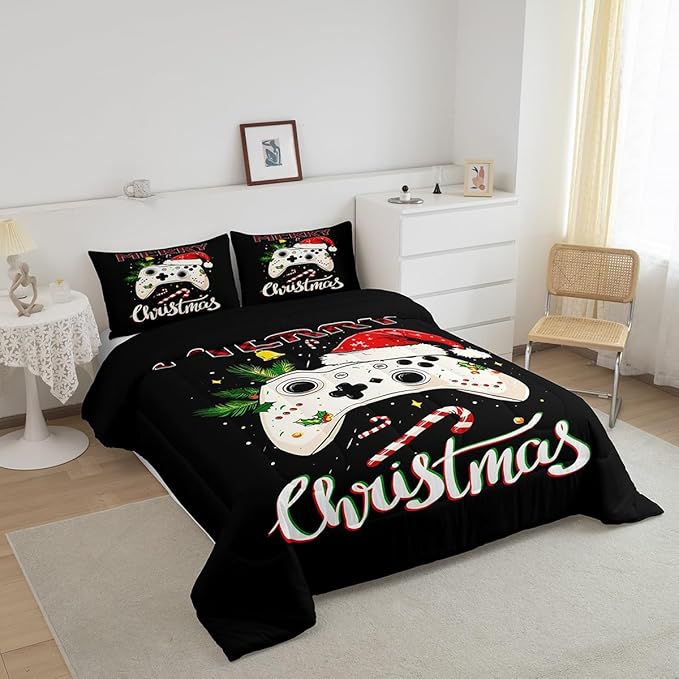 Gamepad Xmas Theme Bedding Set Full Size,Santa Claus Video Games Comforter Set for Kids Boys Girls Room Decor,Merry Christmas Duvet Insert 3Pcs,Gaming Controller Black Quilt Set,2 Pillowcases