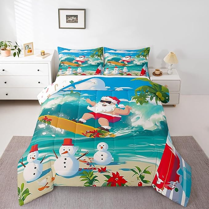 Manfei Christmas Comforter Set Twin Size, Santa Claus Surfing Theme Bedding Set for Kids Boy Girl Room Decor, Beach Snowman Down Comforter for All Season, Soft Polyester Quilt Set, 1 Pillowcase
