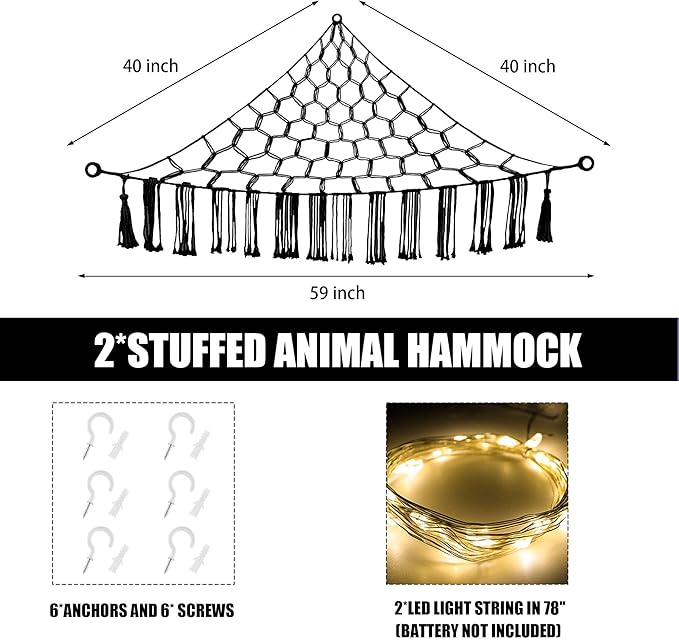 Stuffed Animal Hammock with LED Light, Large Stuffed Animals Storage Corner Plushie Net for Kids Room Decor, 2 Packs Black