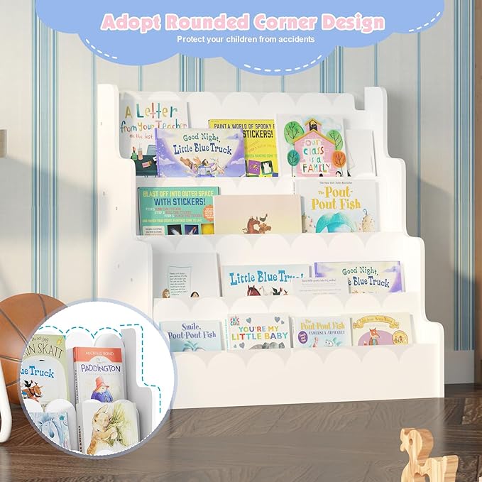 4 Tier Scalloped Kids Bookshelf Natural Wood Toddler Book Rack Nursery Bookcase Playroom Coloring Book Magazine Display Storage Shelf Organizer Classroom Library Homeschooling (White)