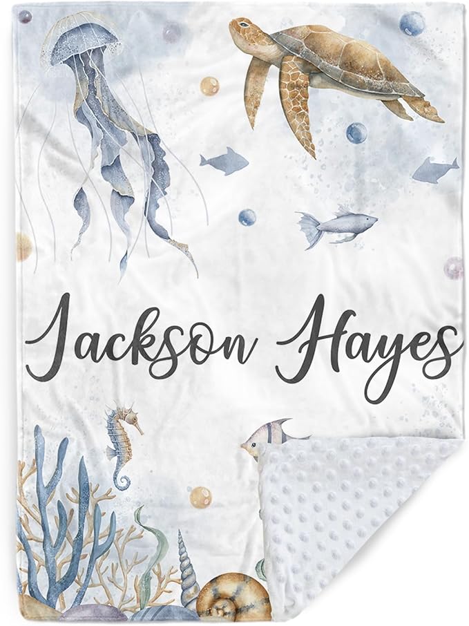 Personalized Baby Blanket with Name, Customized Baby Blanket for Kids Newborns, Soft Flannel with Double Layer Dotted Backing, Customized Gifts for Baby Shower Birthday, Sea Turtle(47" x60)