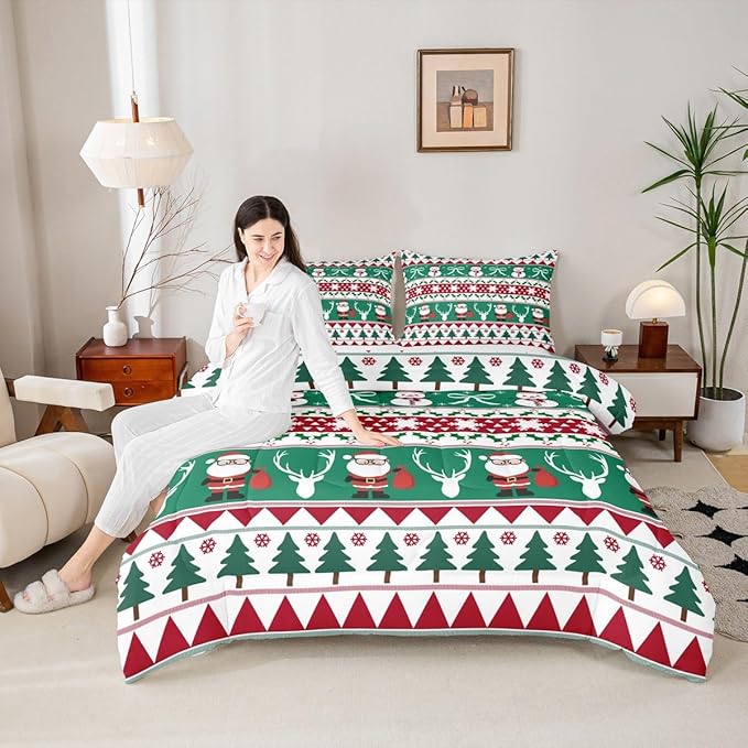 Feelyou Merry Christmas Tree Comforter Set Queen Size Cute Snowman Bedding Set for Kids Boys Girls Santa Claus Duvet Quilt Cartoon Bowknot Bedroom Decor Microfiber 3 Pcs with 2 Pillow Cases