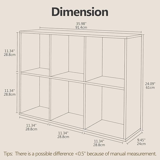 Wooden 6-Cube Storage Organizer with Closed Back Panel, 11.34" Cube Shelf Opening, Bookshelf, Display Shelf for Living Room, Bedroom, Home Office, 35.98" L x 9.45" W x 24.09" H, White Oak