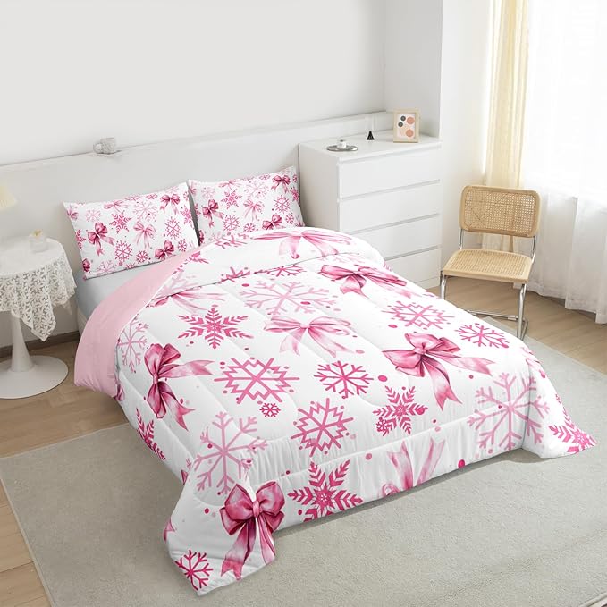 Cute Bow Tie Kids Comforter Set Full Size,Girly Bowknot Snowflake Dots Bedding Set,Room Decor,Merry Christmas Winter Princess Quilt Comforter,Pink White Duvet Set Bedroom Quilt Set,2 Pillowcases