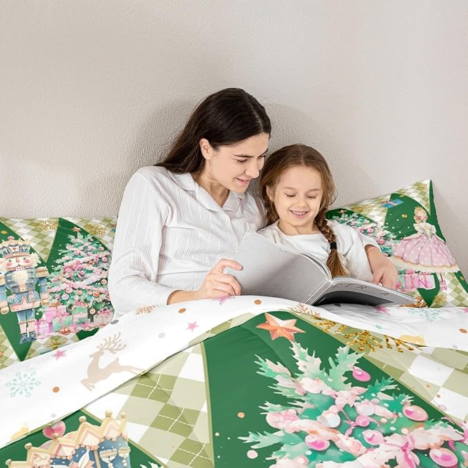 jejeloiu Christmas Nutcracker Comforter Set Toddler Size Gingerbread Man Bedding Set for Kids Boys Girls Xmas Tree Duvet Quilt Green Bedroom Decor