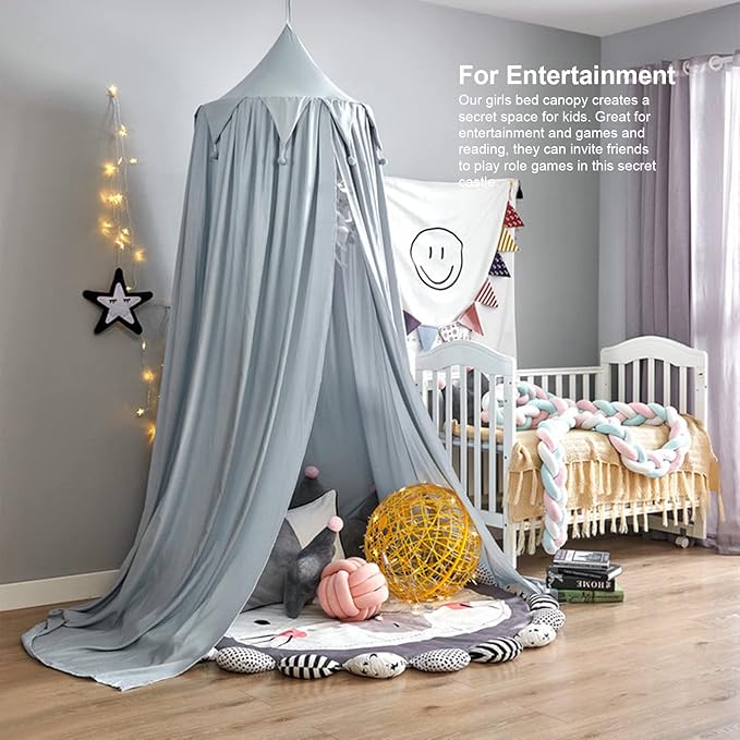 Bed Canopy for Girls, Round Dome Hanging Canopy for Baby Brib Kids Bed Room Decor Reading Nook Indoor Outdoor Playing Castle (Grey Blue)