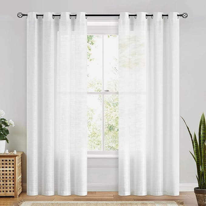 FMFUNCTEX Linen Semi Sheer Curtains for Living Room, White Curtains 108 Inches Long for Bedroom, Country Farmhouse Sheer Extra Long Drapes, Light Filtering Window Curtain, Grommet Top 2 Panels