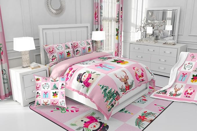Erosebridal Merry Christmas Comforter Set for Kids Christmas Tree Quilt Toddler Size with 1 Pillow Case Santa Claus Xmas Decor Bedding Set Kawaii Snowman Bedding Comforter Sets,Pink