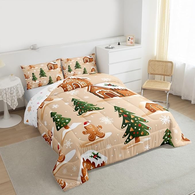 Feelyou Christmas Bedding Set Soft for Boys Girls, Gingerbread Man Comforter Set Full Size Snowflake Duvet Quilt Microfiber Xmas Tree Bedroom Decor 3 Pcs with 2 Pillow Cases