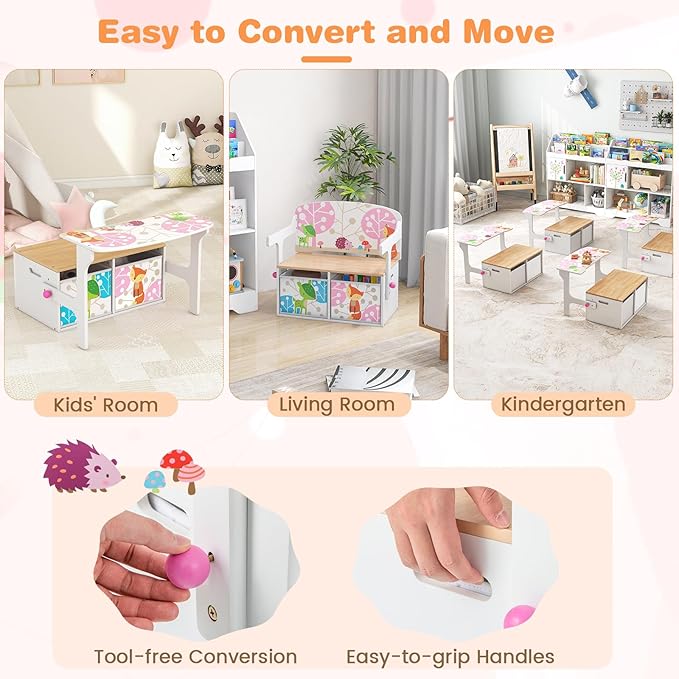 HONEY JOY Kids Table and Chair Set, 3-in-1 Convertible Wooden Toy Storage Bench with Handle, 2 Bins for Kids Reading Nook, Toddler Table and Chair Set for Daycare Playroom Classroom (White)