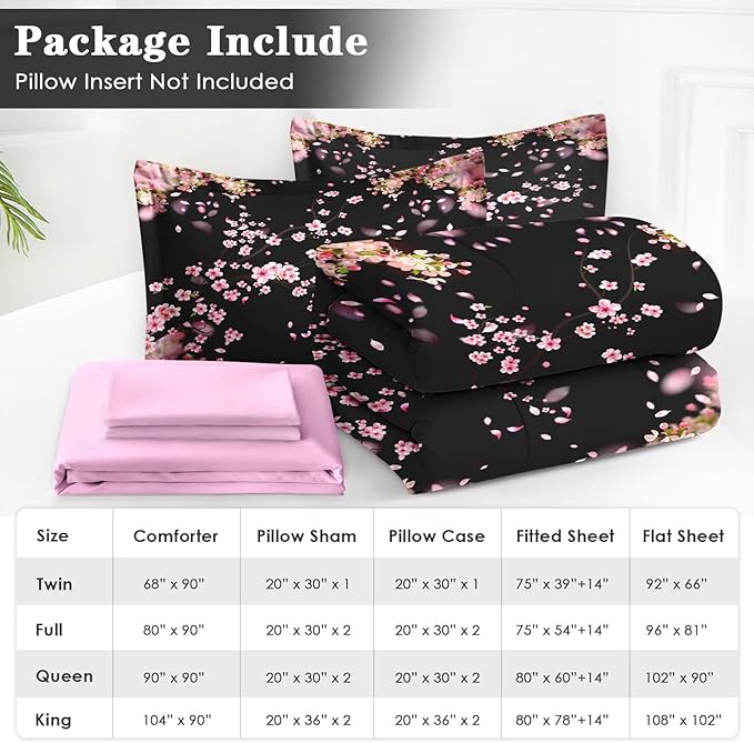7 Pcs Full Size Comforter Set with 2 Pillowcases & 2 Shams, Tree Flower Floral Bedding for Kids and Adults, Pink Cherry Blossom Bed in a Bag with Flat Fitted Sheet