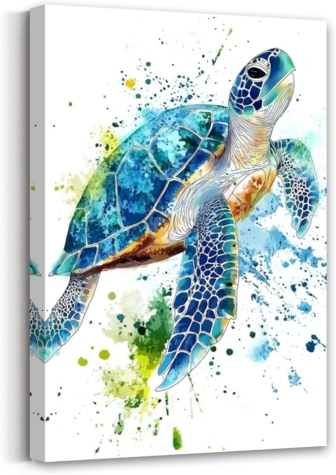 AWPANERAR Sea Turtle Wall Art Bathroom Pictures Watercolor Sea Life Canvas Prints Ocean Animal Poster Nautical Theme Artwork for Kids Room Nursery Decor Framed (White, (24L x 16W))