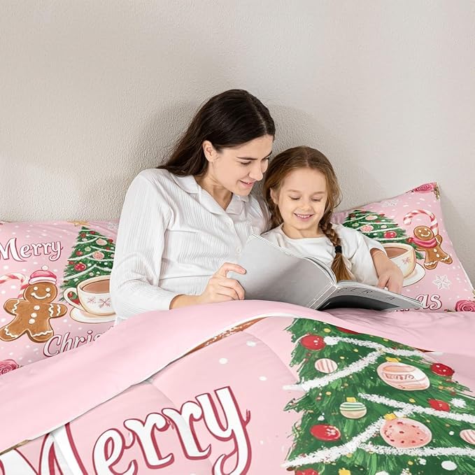 Feelyou Merry Christmas Comforter Set Twin Size Gingerbread Man Bedding Set for Kids Boys Girls Xmas Duvet Quilt Christmas Decor Bedroom Decor Microfiber 2 Pcs with 1 Pillow Cases