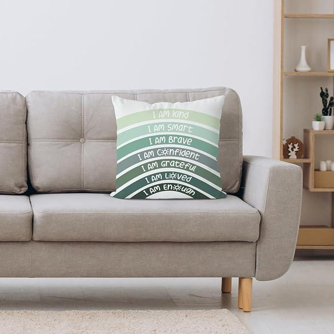QIYUHOY Boho Sage Eucalyptus Green Rainbow Classroom Throw Pillow Covers, Olive Green Pillow Cover, Book Center Calming Corner Playroom Decor Pillow Case,I Am Kind Smart Brave Confidence,24x24Inch