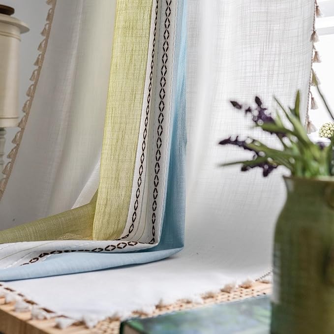 Deeprove Boho Linen Curtains 72 inch for Bedroom Living Room, Semi Blackout Country Rustic Tassels Window Treatment Bohemian Embroidery Drape Rod Pocket 1 Panel 52" W x 72" L, Blue and Sage Green