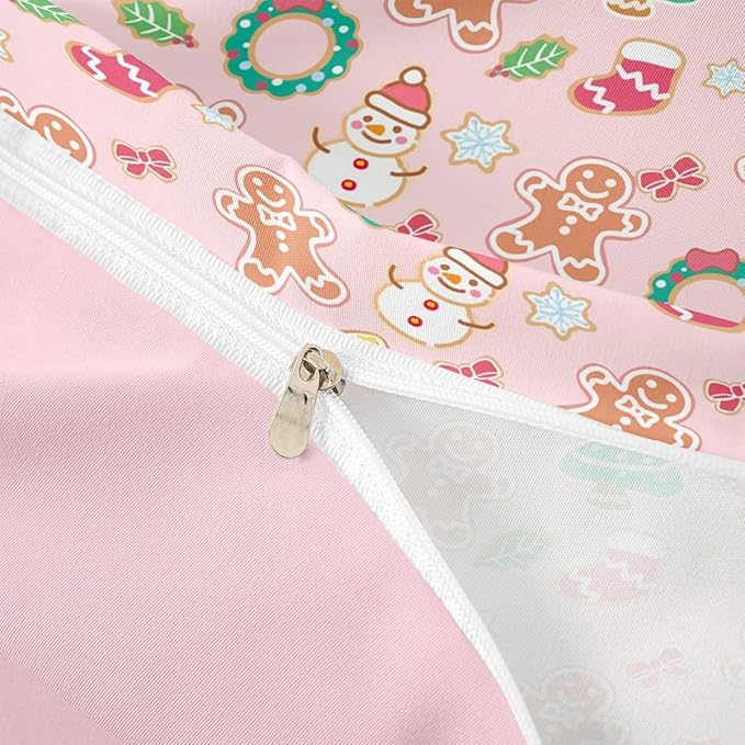 Feelyou Christmas Comforter Cover Cartoon Snowman Christmas Tree Bedding Set Gingerbread Man Xmas Theme Duvet Cover for Kids Boys Girls Microfiber Pink Bedspread Cover Room Decor Bedclothes King Size