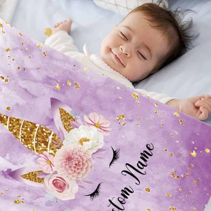 Personalized Horse Blanket with Name for Girl, Custom Name Blanket for Kids, Soft Flannel Purple Horse Toddler Blanket Customized Gift for Birthday Christmas Baby Shower Newborn Gift 60" X 80"