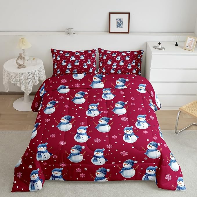 jejeloiu Kids Cute Winter Snowman Comforter Set Full Size Red Christmas Theme Bedding Set for Boys Girls Teens Xmas Snowflake Happy New Year Duvet Quilt Room Decor
