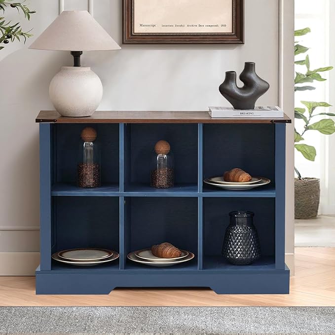 6 Cube Storage Organizer, 2 Tier Book Shelf with Led Lights, Farmhouse Book Shelves for Living Room, Horizontal Toy Storage Bookshelf, Wood Display Bookcase Cabinet for Bedroom, Office, Blue