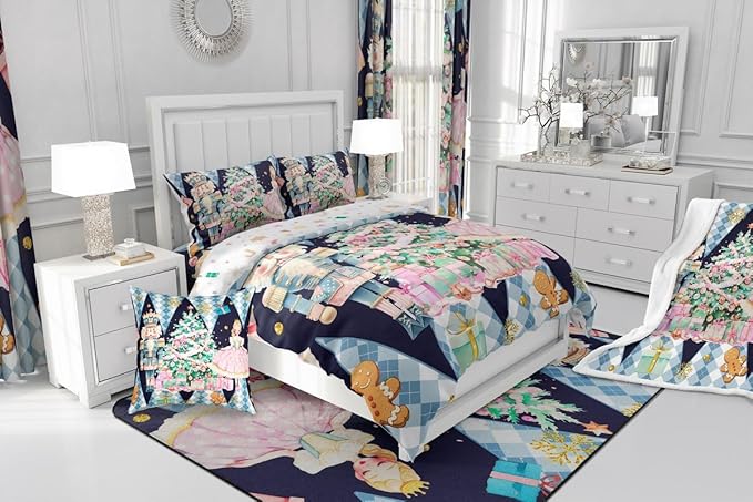 jejeloiu Christmas Nutcracker Comforter Set Twin Size Gingerbread Man Bedding Set for Kids Boys Girls Xmas Tree Duvet Quilt Dark Blue Bedroom Decor