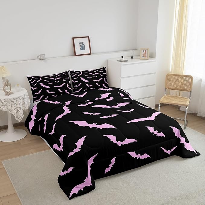 Erosebridal Halloween Bedding Set Twin Size for Kids Boys Youth Pink Bats Comforter Set Happy Holiday Gothic Quilt with 1 Pillow Case Spooky Animal Bedding Comforter Sets