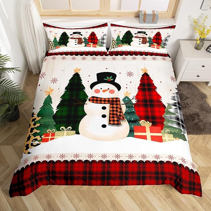 Manfei Snowman Duvet Cover Set Queen Size, Xmas Leopard Plaid Trees Snowflake Comforter Cover with 2 Pillowcases, Christmas Theme Bedding Set 3pcs for Kids Girl New Year Bedspread Cover,No Comforter