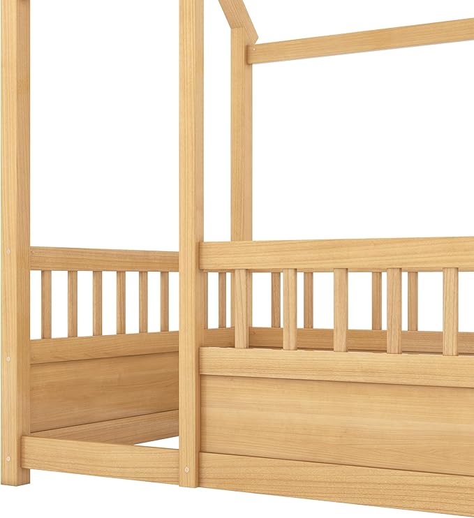 Twin Size House Bed with High Fence for Kids,Twin Floor Bed Frame, Kids Montessori Bed Twin Size,Solid Wood House Bed Frame for Boys,Girls,Natural