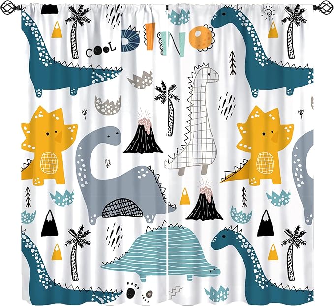 Dinosaur Curtains, Cartoon Dino Cute Safari Animal Print Pattern Blackout Window Treatments, Rod Pocket Thermal Insulated Drapes 2 Panel Sets for Kids Boys Bedroom Nursery Classroom, 63" W X 63" L