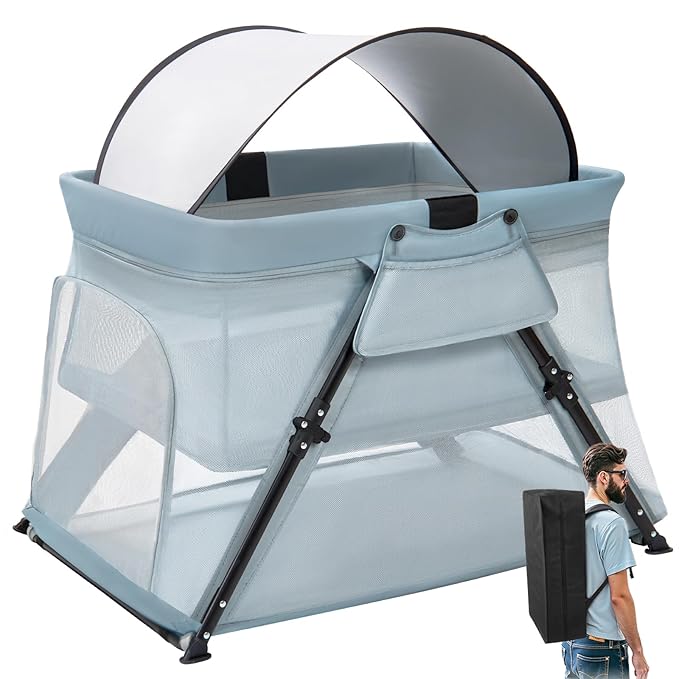 Lilian&Gema 2-in-1 Travel Crib, Portable & Foldable Crib with Backpack, Lightweight Baby Travel Playpen with Thick Mattress for Babies & Toddlers, Baby Travel Essential