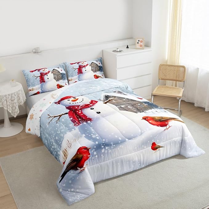 Feelyou Merry Christmas Comforter Set All Season Cute Snowman Bedding Set with 2 Pillow Cases Snowflake Microfiber Kids King Bedclothes Winter Bedroom Decor Duvet Quilt Breathable Soft Lightweight