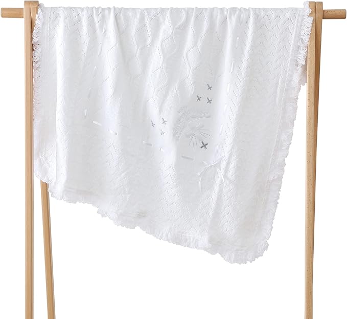 Booulfi Baby Christening Blanket Newborn White Baby Blanket Shawl Neutral Knitted Baptism Blankets for Babies Fleece Lined Winter Warm Blankets,Size 37x39 “