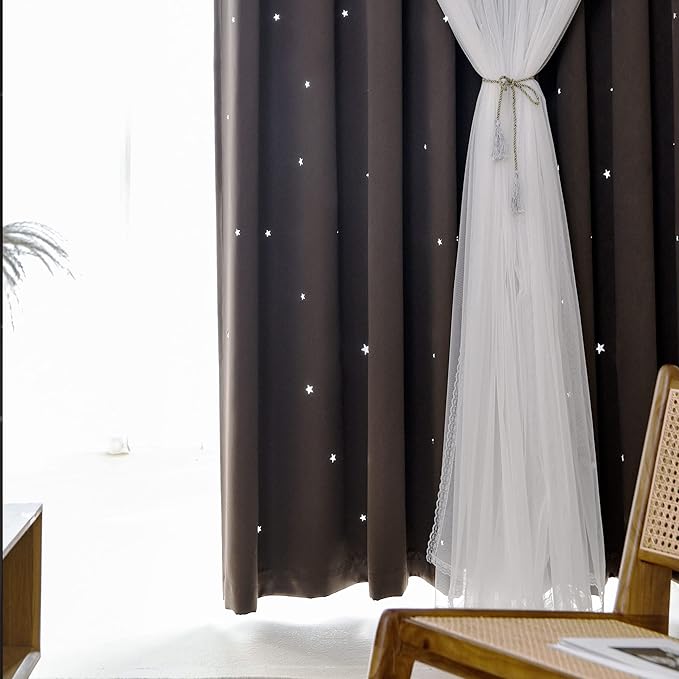 Kinryb Kids Blackout Curtains for Bedroom/Living Room/Classroom, Sheer Overlay 2 Free Tiebacks, Double Layer Curtains with Star Cutout for Kids Room(Each Piece W 70 x L 84 Inches 2 Pcs Chocolate)