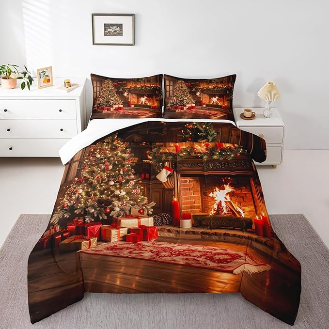 Xmas Theme Comforter Set Queen Size, Vintage Christmas Fireplace Tree Bedding Set for Kids Boys Girls Room Decor, Merry Christmas Duvet Insert 3Pcs, Pine Tree Luxury Quilt Set, 2 Pillowcases