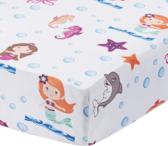 EVERYDAY KIDS 3 Piece Girls Crib Bedding Set - Mermaid Adventures - Includes Quilt, Fitted Sheet and Dust Ruffle - Nursery Bedding Set - Baby Crib Bedding Set