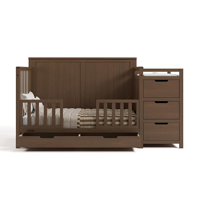 Graco Hadley 5-in-1 Convertible Crib & Changer (Hazelnut) – GREENGUARD Gold Certified, Fits Standard Crib Mattress, Converts to Toddler Bed and Full Bed, 4 Adjustable Mattress Heights