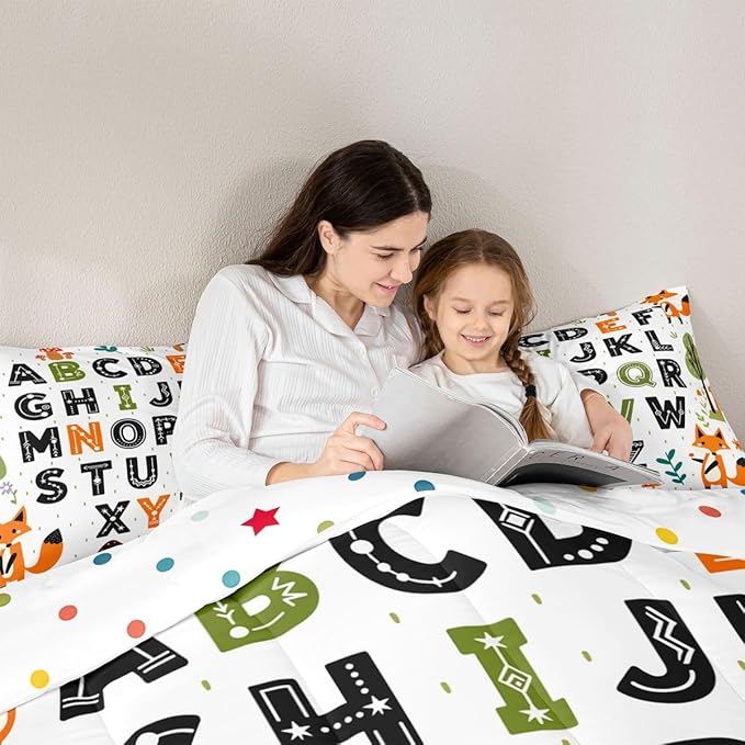 Feelyou Educational Nursery Art Comforter Set Full Size Alphabet Kids ABC Learning Bedding Set for Kids Boys Girls Cute Fox Duvet Quilt Woodland Animals Bedroom Decor 3 Pcs with 2 Pillow Cases