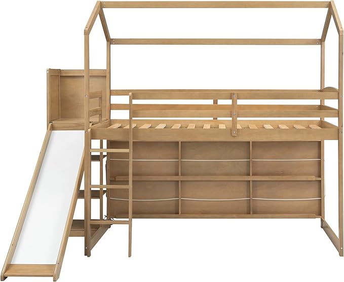 Flieks Twin Size Wood House Loft Bed Frame for Boys Girls Kids Adults Toddler with Slide, Storage Shelves and Light, Climbing Ramp, Wood Color