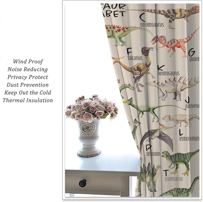 Dinosaur Curtains Cartoon Dino ABC Alphabet Pattern Educational Learning Theme Curtain with Rod Pocket for Kids Nursery Playroom Bedroom Drapes Window Treatments 2 Panels Set 72" W X 63" L
